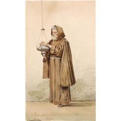 Guerrino Guardabassi, (1841- 1893), Italian, MONK LIGHTING A LAMP, Watercolour; signed lower...