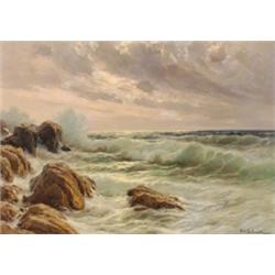 Cavaliere Michele Federico (1884-1966), Italian, POUNDING SURF, CAPRI,, Oil on canvas; signed...