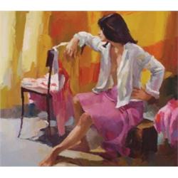 Alberto Longi (20th Century), Italian, YOUNG WOMAN, DISROBING, Oil on canvas; signed and date...