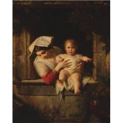 Guiseppe Mazzolini, (1806-1876), Italian, MOTHER AND CHILD AT A WINDOW, Oil on canvas; signed...