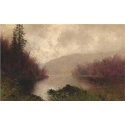 Ludwig Skramstad (1855-1912), Norwegian, TRANQUIL LAKE IN A FOG , Oil on canvas; signed lower l...