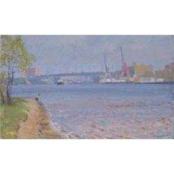 Alexei Novikov (20th Century), Russian, SPRINGTIME, CITY, HARBOUR, Oil on board; signed and t...