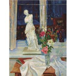 Valery Yakovlevich Romanenko (1948- ), Russian, NIGHT WINDOW, Oil on, canvas; signed in cyril...