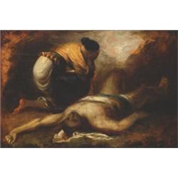 18th Century Spanish School, LAMENTING OVER A, FALLEN HERO, Oil on paper laid down on panel...