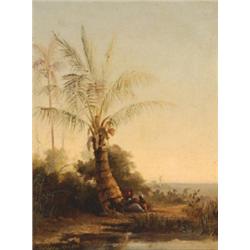 Attributed to Cecilio Pizarro (1886- ), Spanish, AN OASIS, Oil on canvas; signed indistinctly a...