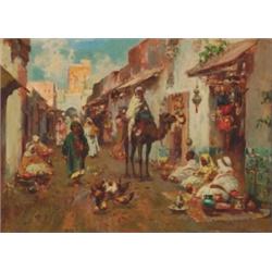 Joachim Miro (1849-1914), Spanish, ARAB STREET SCENE,, Oil on board; signed and titled indeci...