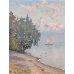 Fernand Gaulis (1860-1924), Swiss, PENSION ITTEN, LAC LEMAN, Oil on board; signed lower left, t...