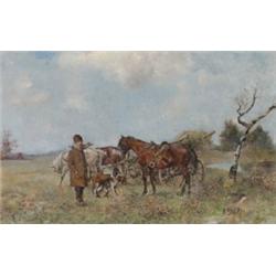 A** Scari (19th Century), European, COUNTRYMAN WITH HIS DOGS AND HORSES IN A FIELD, Oil on canv...