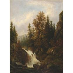R** Exner (19th Century), European, FIGURES ON A PATH BY A WATERFALL, Oil on canvas; signd lowe...