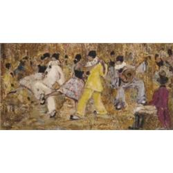 **Alonso (20th Century), European, PIERROTS DANCING AT A FESTIVAL, Oil on canvasboard; signed l...