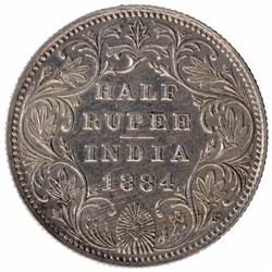 Silver Half Rupee Coin of Victoria Empress of Calcutta Mint of 1884.
