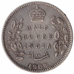 Silver Half Rupee Coin of King Edward VII of Calcutta Mint of 1908.