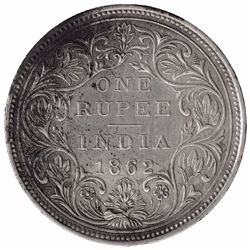 Silver One Rupee Coin of Victoria Queen of Bombay Mint of 1862.