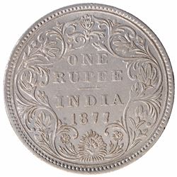 Silver One Rupee Coin of Victoria Empress of Bombay Mint of 1877.