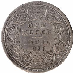 Silver One Rupee Coin of Victoria Empress of Calcutta Mint of 1881.