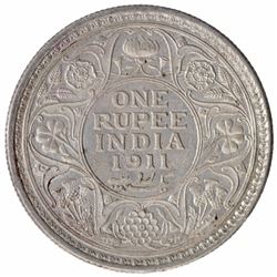 Silver One Rupee Coin of King George V of Calcutta Mint of 1911.