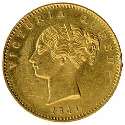 Gold One Mohur Coin of Victoria Queen of Calcutta Mint of 1841.