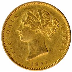 Gold One Mohur Coin of Victoria Queen of Calcutta Mint of 1841.