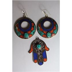 Tibet Natural Turquoise, Coral, Lapis Lazuli Earings