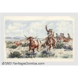 Irtz - Original Illustration (1932).Titled: Caballeros Roping Longhorn Cattle