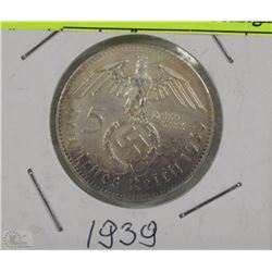 GERMAN NAZI 5 MARK 1939 COIN
