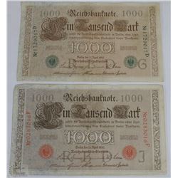 LOT OF 2 GERMAN 1910 1000 MARK BANK NOTES