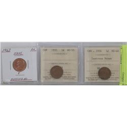 SET OF 3  CANADIAN PENNIES: 1962 (B.U.-