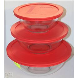 3-PC CLEAR GLASS PYREX BOWL SET W/LIDS