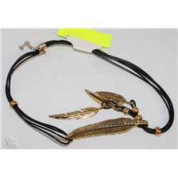 GOLD FEATHER LEAVES , INLAID RHINESTONES  LEATHER