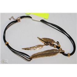 GOLD FEATHER LEAVES , INLAID RHINESTONES  LEATHER
