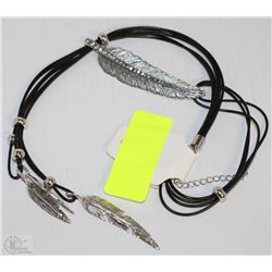 SILVER FEATHER LEAVES , INLAID RHINESTONES LEATHER