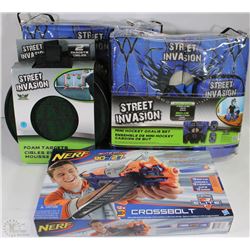 BOX OF BOYS TOYS INCL NERF, HOCKEY. FOAM TARGETS