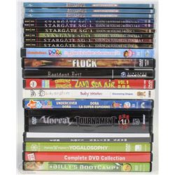 BOX OF ASSORTED DVDS INCL STARGATE SEASON DVDS,