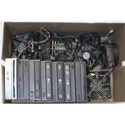 BOX OF COMPUTER FANS, CD DRIVES