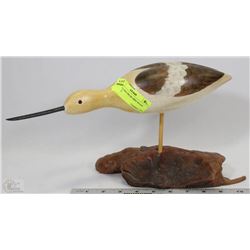 SIGNED LONG BEAK BIRD WOOD FIGURINE
