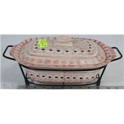 LARGE LIDDED CASSEROLE WITH WROUGHT IRON BASE