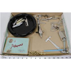 FLAT WITH VINTAGE KNIVES, BOTTLE OPENERS, ASHTRAY