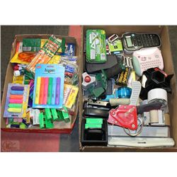 2 FLATS WITH OFFICE SUPPLIES INCL LABEL MAKERS,