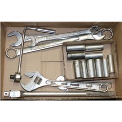 BOX W/ HEAVY DUTY WRENCHES, 10 LARGE SOCKETS AND