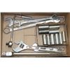 Image 1 : BOX W/ HEAVY DUTY WRENCHES, 10 LARGE SOCKETS AND