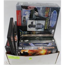 BOX OF ASSORTED SEASON AND OTHER DVDS WITH NEW