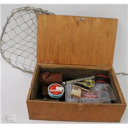 WOODEN TACKLE BOX WITH CONTENTS , NET, SCALE &