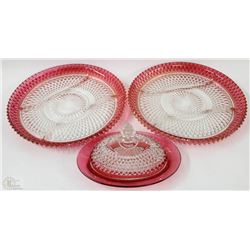 FLAT OF CRANBERRY GLASS PLATTER AND BUTTER DISH