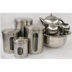 FLAT OF STAINLESS STEEL CANISTER/TEA SET