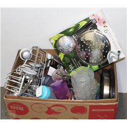 BOX WITH ASSORTED SHOWER/BATH SUPPLIES INCL MATS,