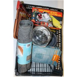 CRATE WITH ASSORTED ANIMAL SUPPLIES AND BATH MAT