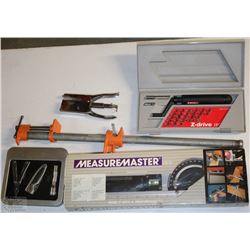 BOX OF ASSORTED TOOLS INCL MEASURE MASTER, PIPE