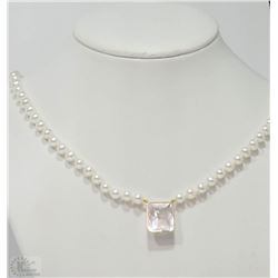 #8-10KT GOLD CULTURED PEARL &MORGANITE NECKLACE