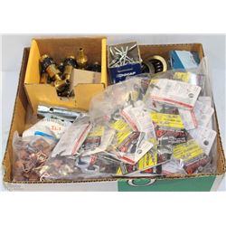 BOX WITH ASSORTED CONNECTORS, ROPE TIGHTENERS, AND