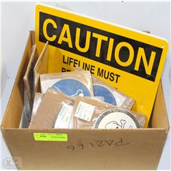 BOX WITH CAUTION SIGNS AND OTHER SIGNAGE